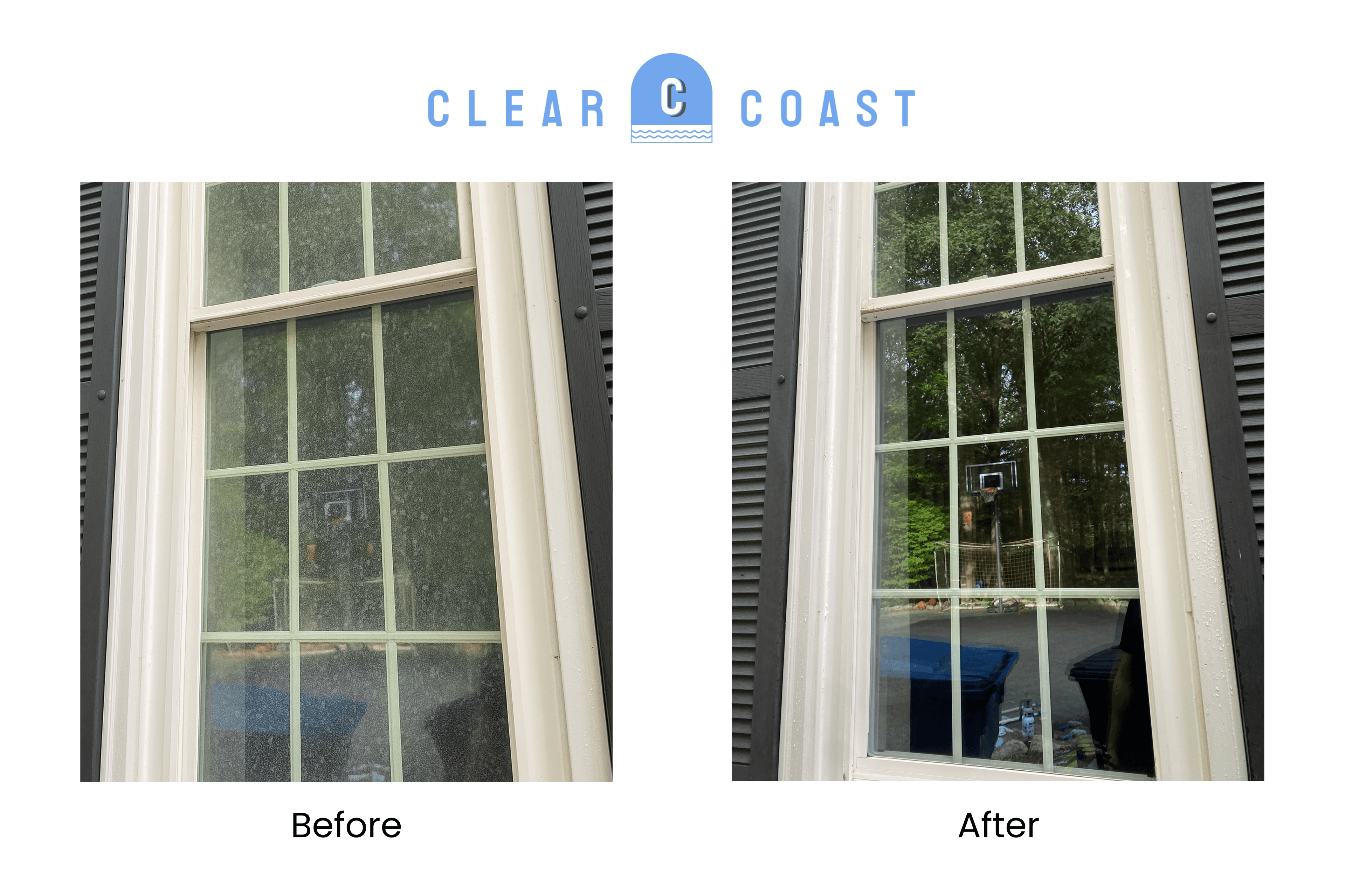 Before and after of a Clear Coast Pro window cleaning